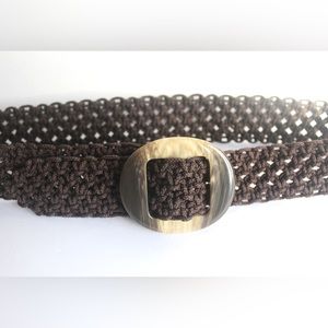 Vintage Wide Woven Brown Belt with Faux Horn Buckle, Adjustable Wrap Macrame